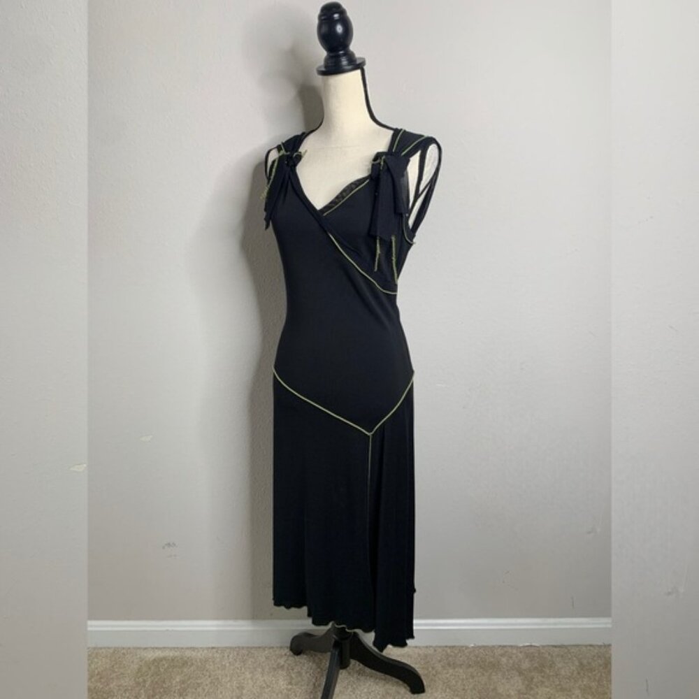 NWT Maxi Studio Black With Green Piping & Shoulder Bow Asymmetrical Midi Dress - Picture 5 of 14